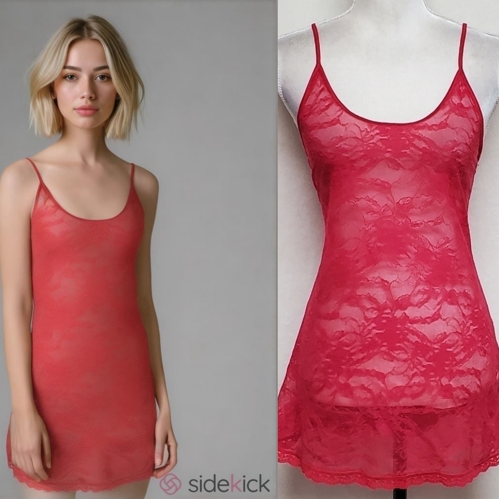 Y2K Vintage Victoria's Secret Sheer Stretchy Red Lace Lingerie Nighty Nightgown